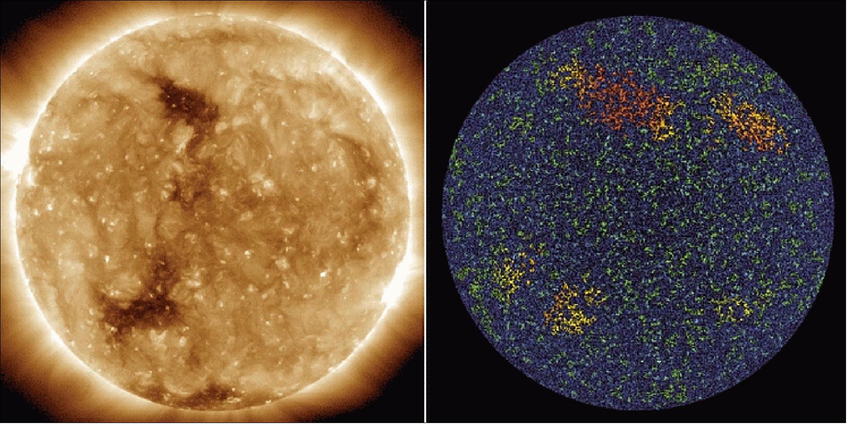Figure 23: Brightpoints in the sun's atmosphere, left, correspond to magnetic parcels on the sun's surface, seen in the processed data on the right. Green spots show smaller parcels, red and yellow much bigger ones. Images based on data from NASA's SDO captured at 15:00 GMT on May 15, 2010 (image credit: NASA)