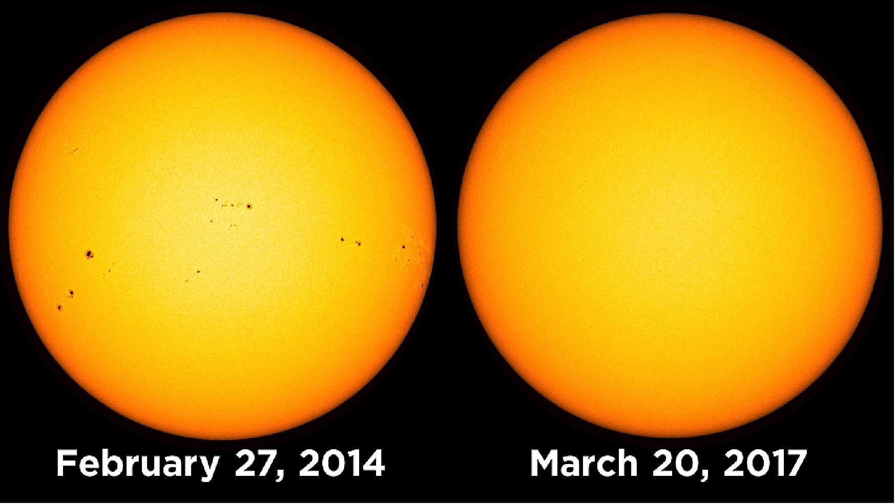Figure 12: The SDO images here compare the sun on March 20, 2017, and February 27, 2014, during the last solar maximum when the sun sported numerous spots (image credit: NASA)