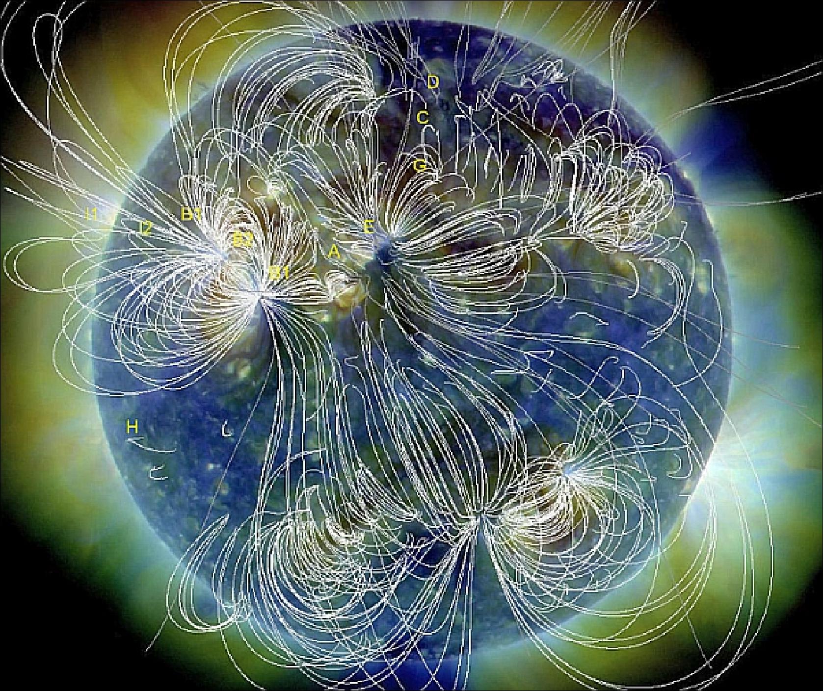 Figure 36: Locations of key events are labeled in this extreme ultraviolet image of the sun, obtained by the Solar Dynamics Observatory during the Great Eruption of Aug. 1, 2010. White lines trace the sun's magnetic field (image credit: Karel Schrijver and Alan Title of LMSAL)