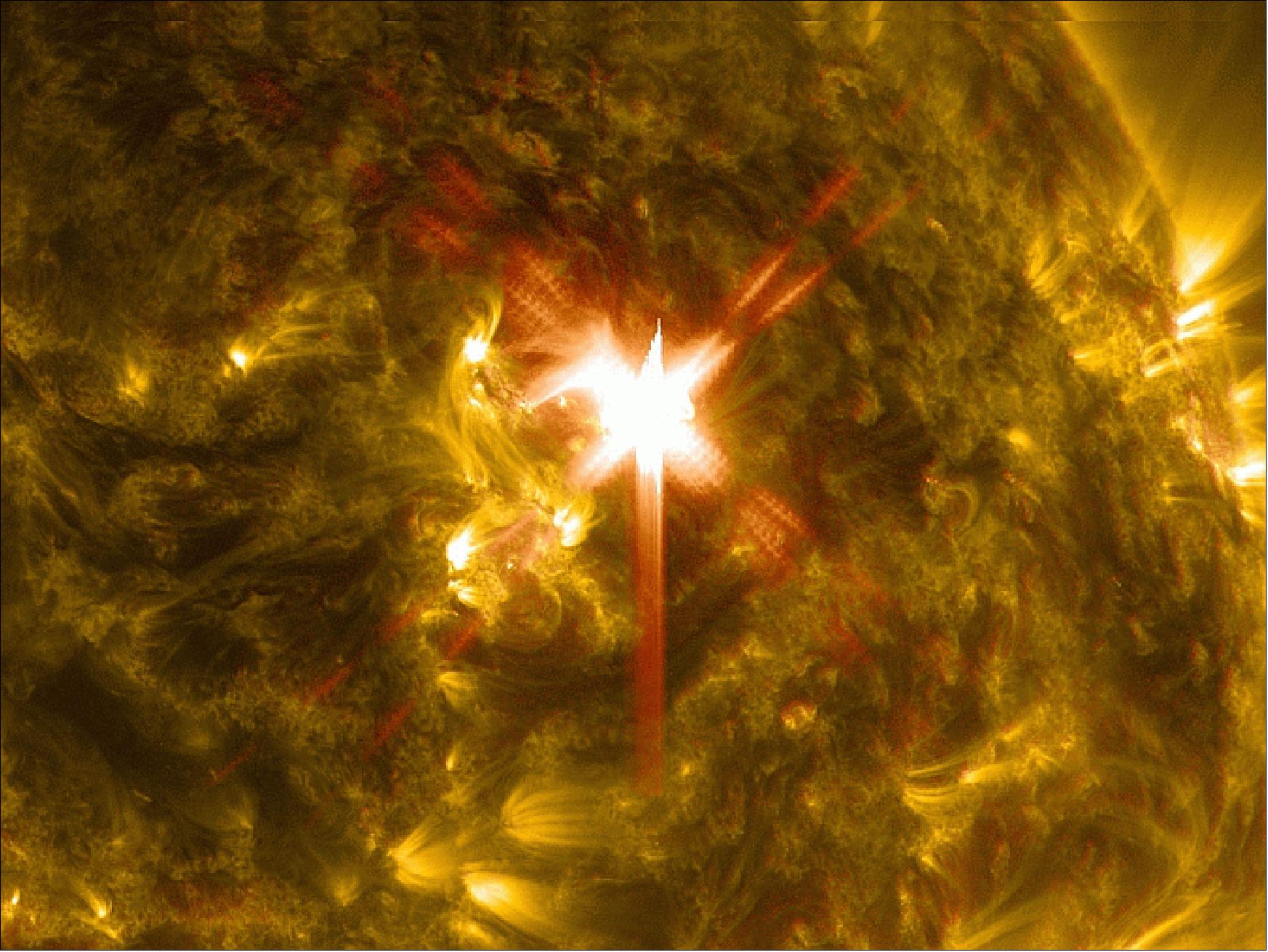 Figure 26: EUV radiation streams out of an X-class solar flare as seen in this image captured on March 29, 2014 by the AIA instrument of SDO (image credit: NASA, Ref. 32)