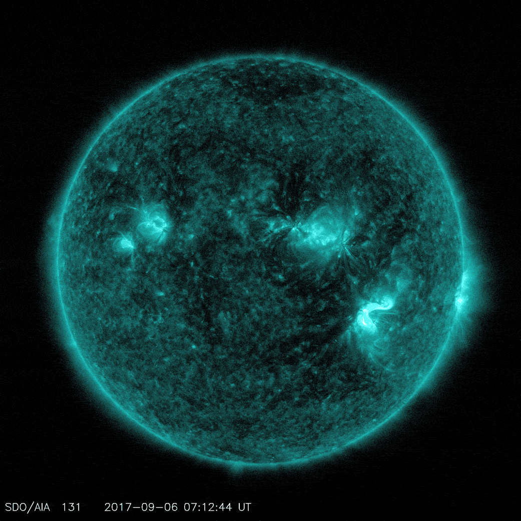 Figure 9: This animation shows both the X2.2 and the X9.3 flares that the Sun emitted on Sept. 6, 2017. The imagery was captured by the AIA instrument of NASA's SDO and shows light in the 131 angstrom wavelength (image credit: NASA/Goddard/SDO)