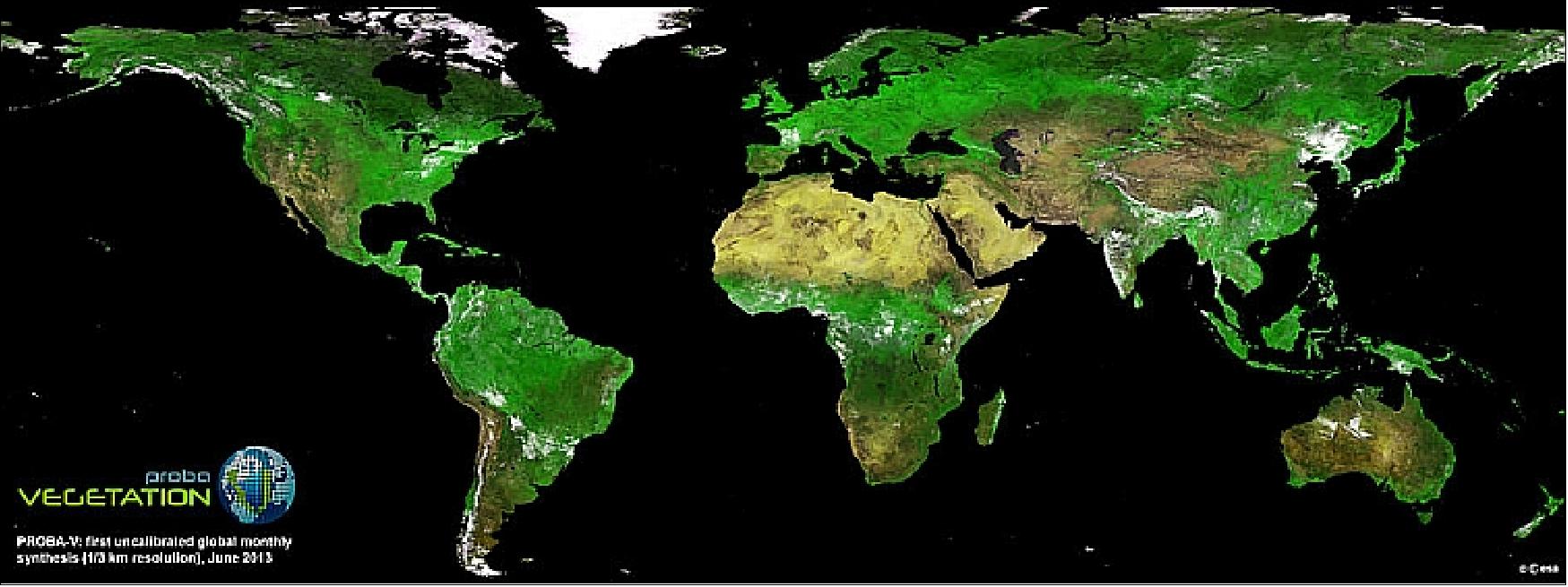 Figure 63: First uncalibrated global mosaic of vegetation from PROBA-V, June 2013 (image credit: ESA)