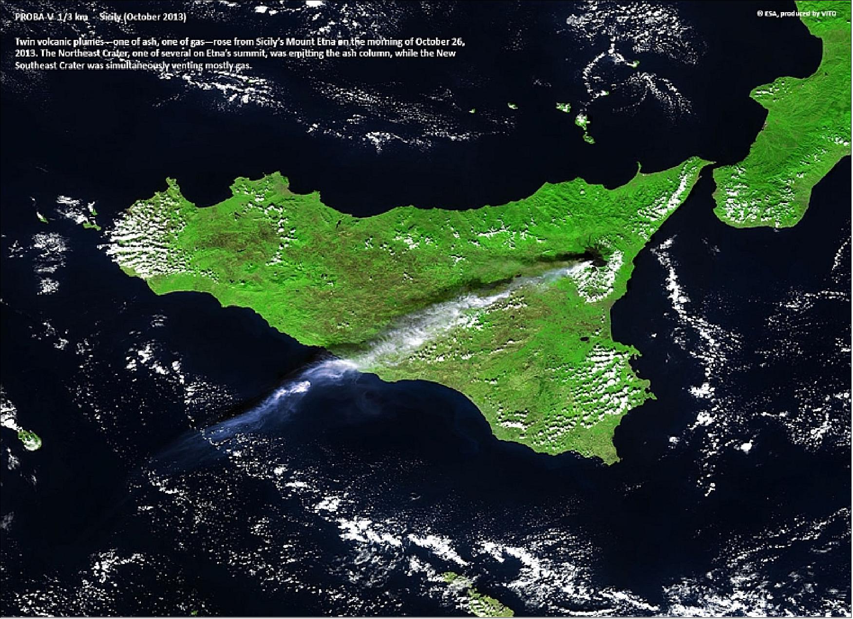 Figure 62: PROBA-V image acquired on Oct. 26, 2013, showing Sicily, Italy with the twin volcanic plumes – one ash, one gas – from Mt. Etna (image credit: ESA, BELSPO)