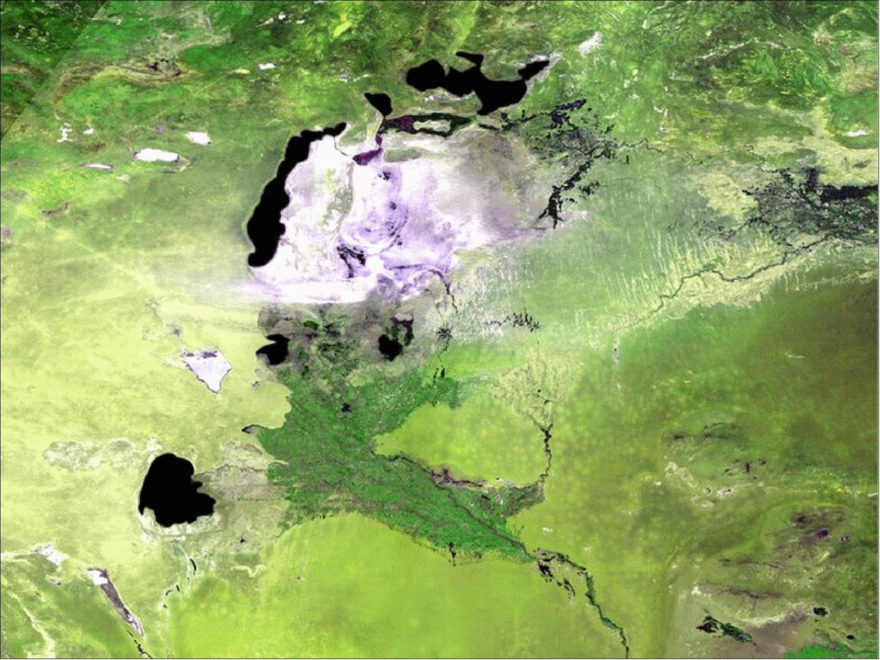 Figure 57: Central Asia's receding Aral Sea, acquired by ESA's PROBA-V minisatellite on May 13, 2013 at a resolution of 300 m (image credit: ESA, VITO) 81)