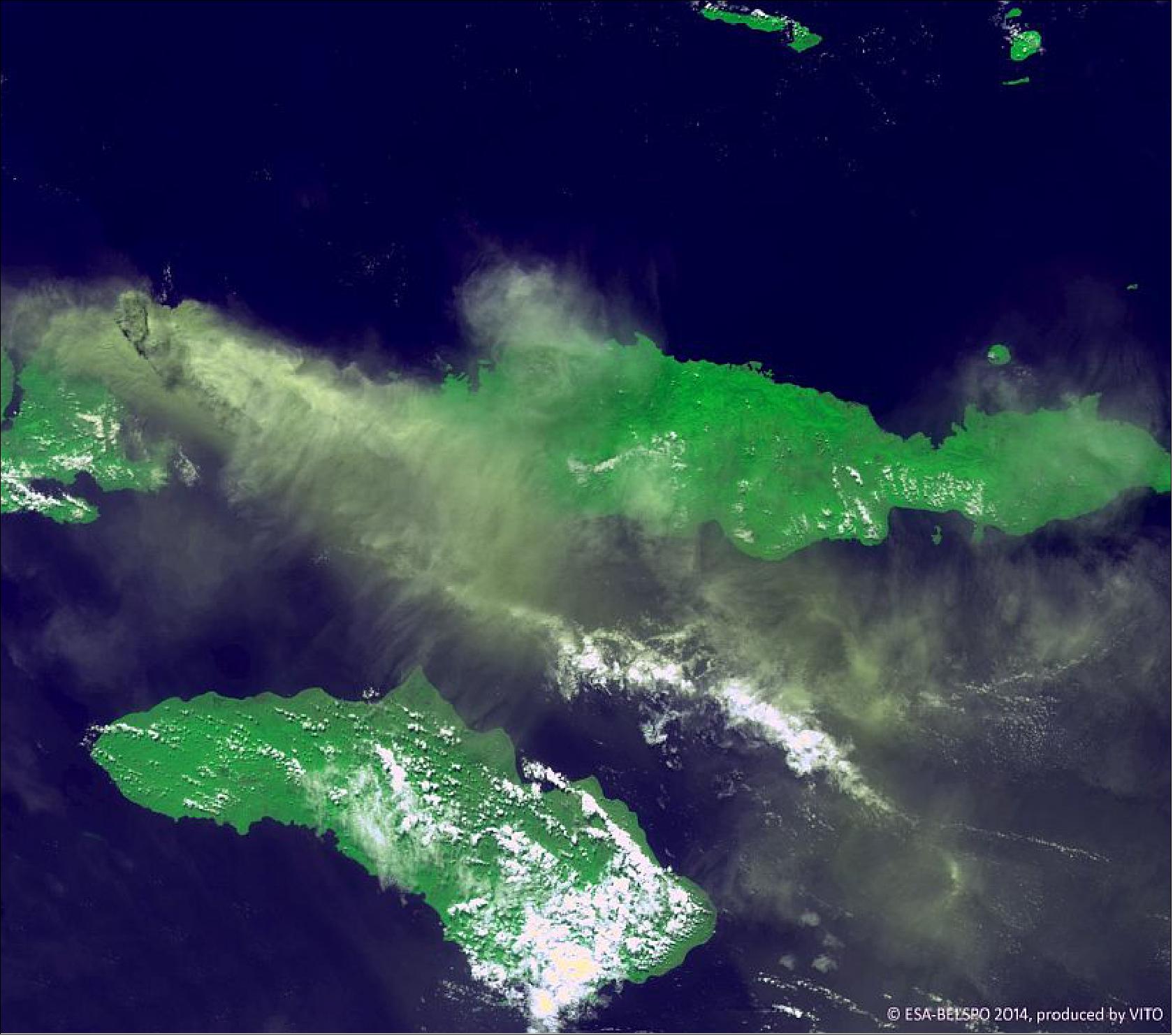 Figure 54: PROBA-V images an Indonesian volcano, acquired on May 31, 2014 at a resolution of 300 m (image credit: ESA, VITO)