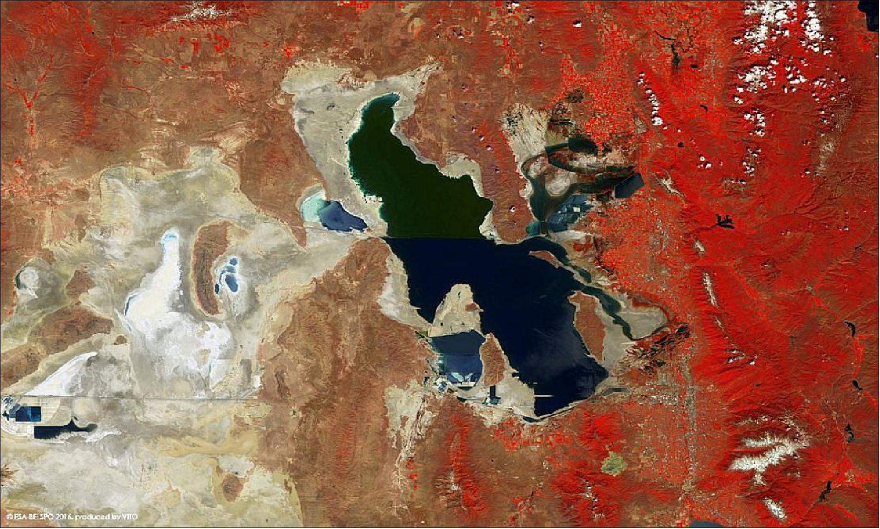 Figure 44: Great Salt Lake, the largest salt lake in the western hemisphere, captured by ESA's PROBA-V satellite in June 2016 (image credit: ESA/BELSPO, provided by VITO)