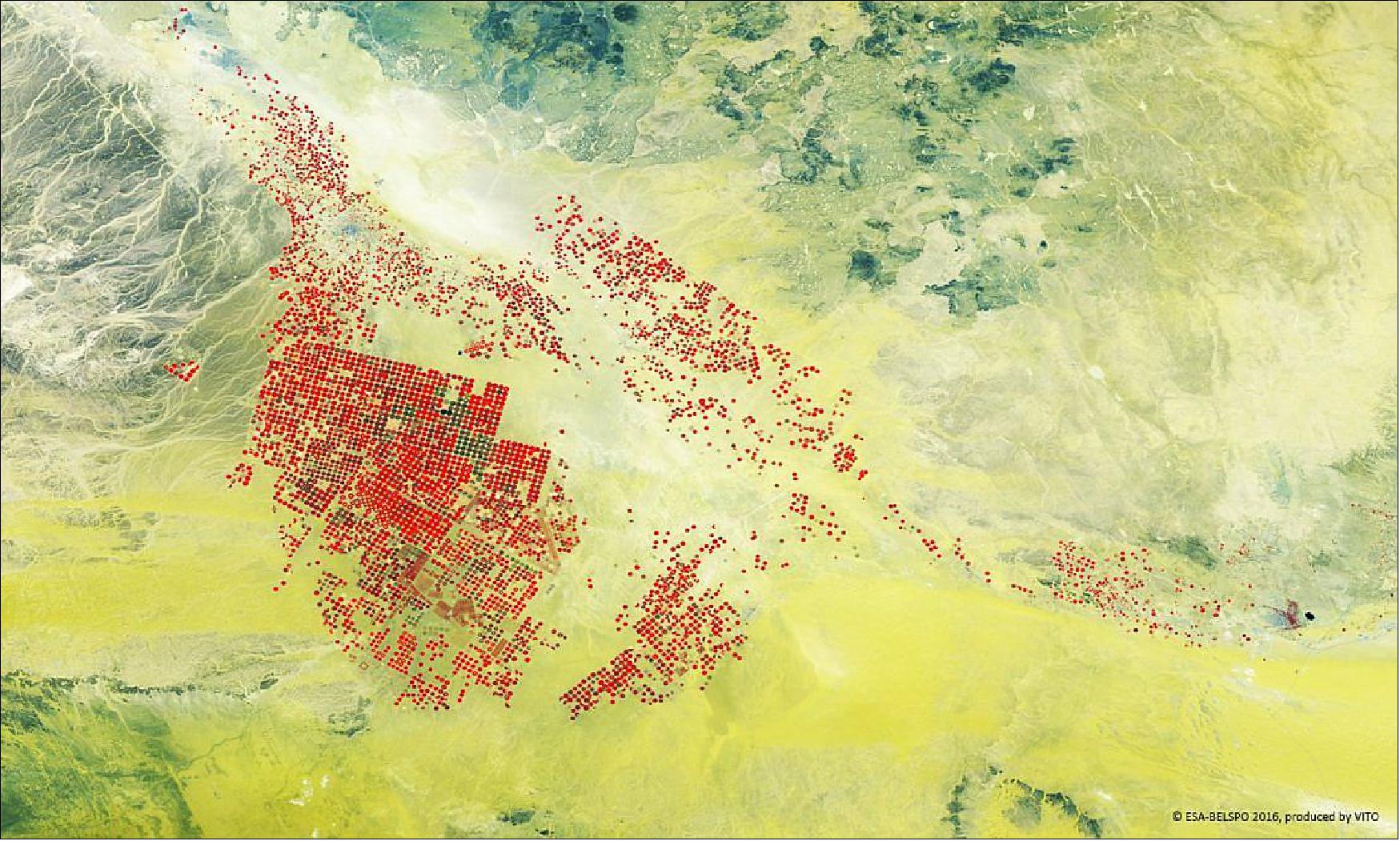 Figure 43: False-color crops bloom in the Saudi Arabian desert, imaged by ESA's PROBA-V minisatellite (image credit: ESA/BELSPO, provided by VITO)