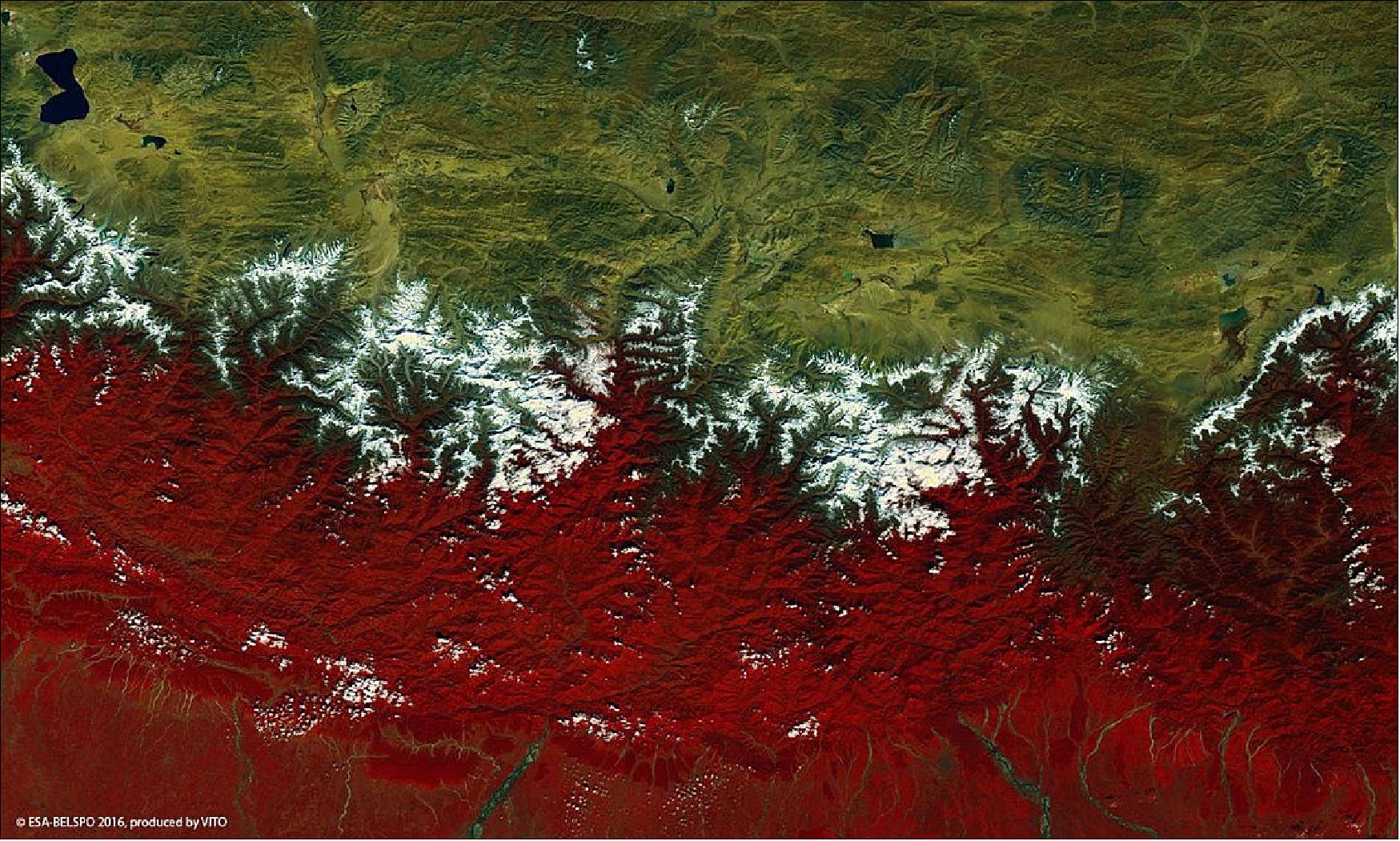Figure 42: PROBA-V – ESA's smallest Earth-observing mission – overflies Mount Everest, the highest mountain in the world, its peak seen left of center in this false-color image. This 100 m-resolution image was acquired by PROBA-V on 27 October 2016 (image credit: ESA/BELSPO – produced by VITO)