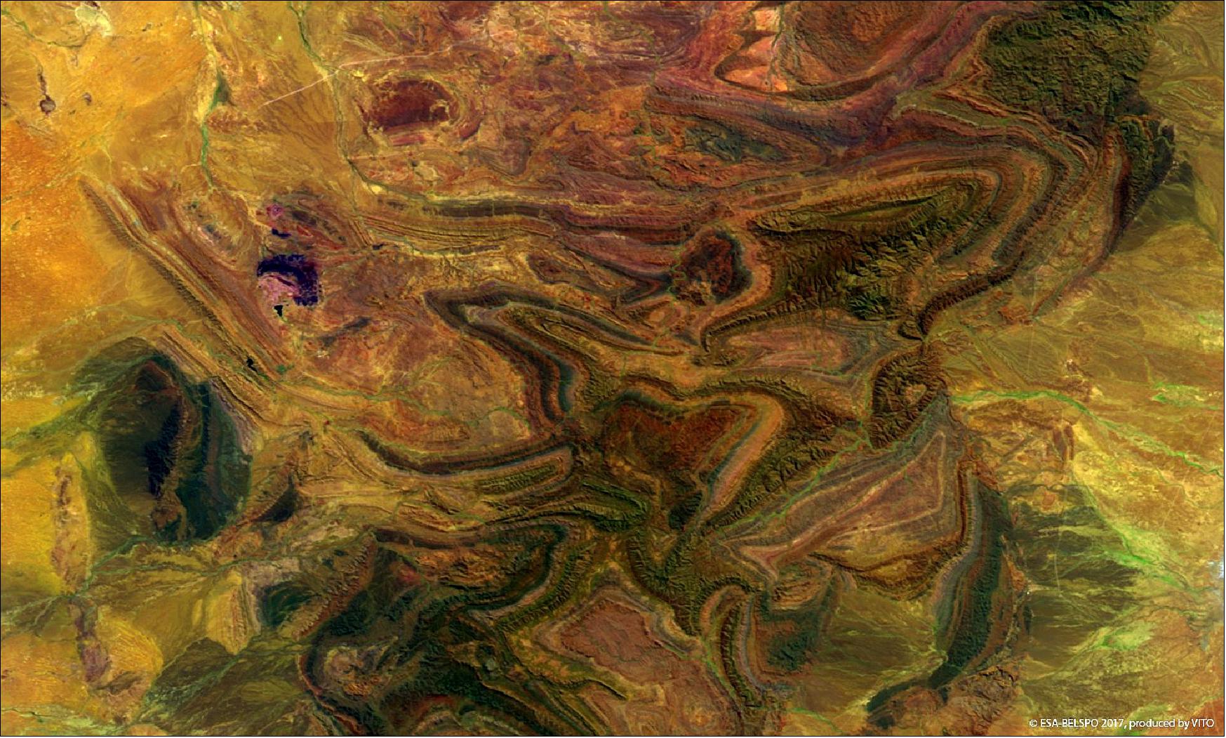 Figure 41: PROBA-V false-color image of Flinders Range, Australia, showing the northern part of the rugged, weathered peaks and rocky gorges of the Flinders Ranges, the largest mountain range in the South Australian Outback (image credit: ESA-BELSPO 2017, produced by VITO)