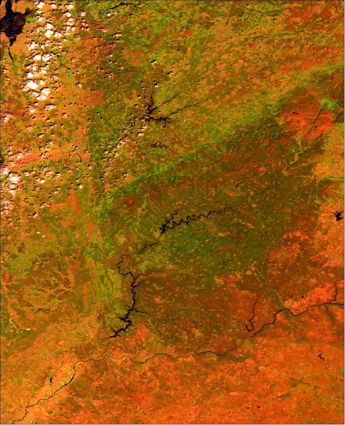 Figure 37: Before the blaze: Portugal's Pedrógão Grande region. This 100 m-resolution image was acquired on 19 May 2017 by PROBA-V, showing the region before the forest fire that started on 17 June (image credit: ESA/BELSPO produced by VITO)
