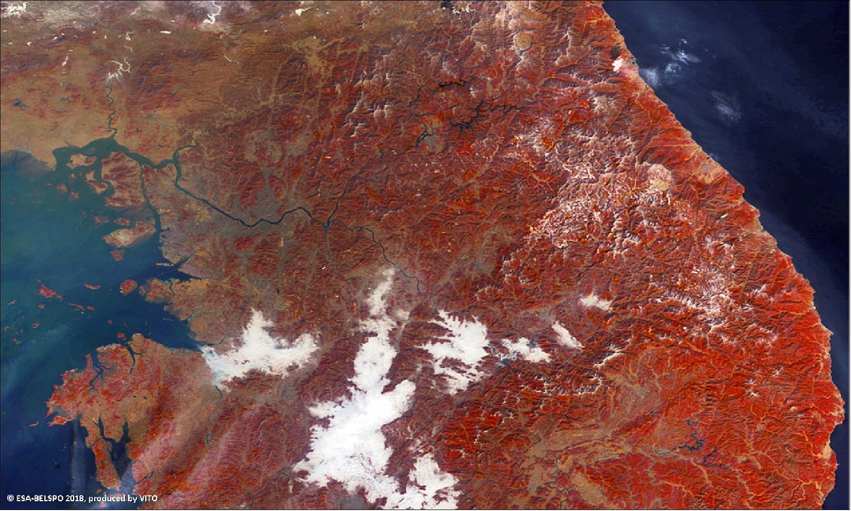 Figure 30: PROBA-V false-color image of a portion of the Korean Peninsula with 300 m resolution, acquired on 21 January 2018 (image credit: ESA/Belspo – produced by VITO)