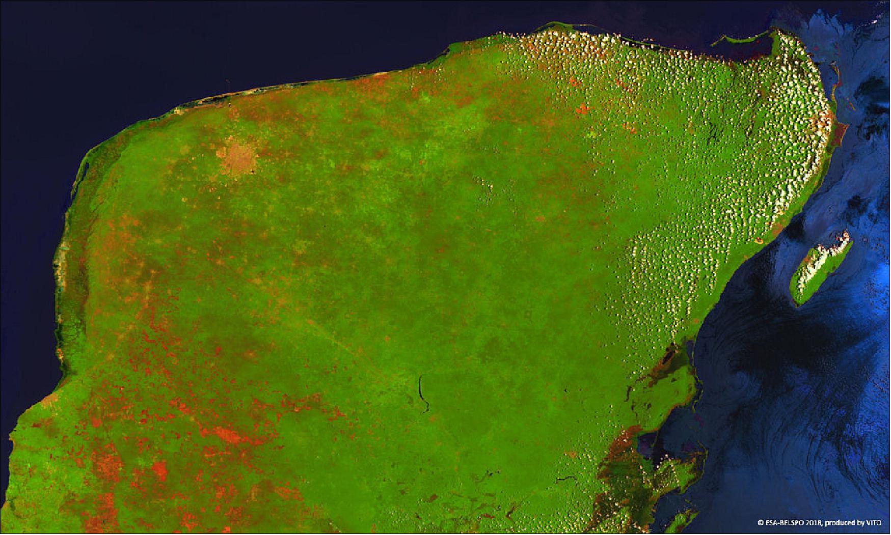 Figure 28: This 100 m resolution image of the Yucatán peninsula was acquired with PROBA-V on 23 July 2018 (image credit: ESA/Belspo – produced by VITO)