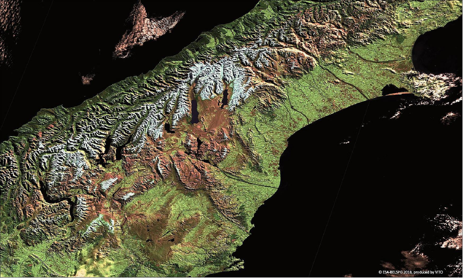 Figure 23: New Zealand's South Island imaged by PROBA-V. This 100 m spatial resolution image was acquired on 1 May 2018 (image credit: ESA/Belspo – produced by VITO)