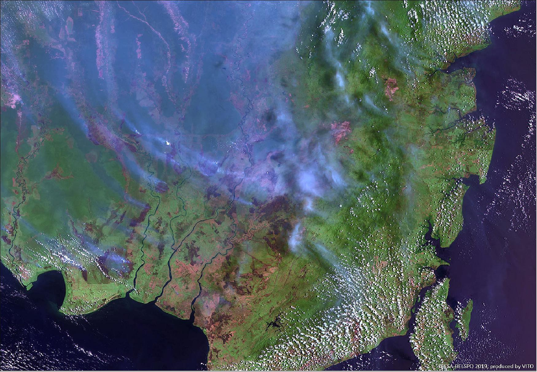 Figure 20: This false-color image from ESA's PROBA-V minisatellite, captured on 18 September, shows an abundance of smoke plumes over Kalimantan, the Indonesian part of the island of Borneo (image credit: ESA/Belspo – produced by VITO)