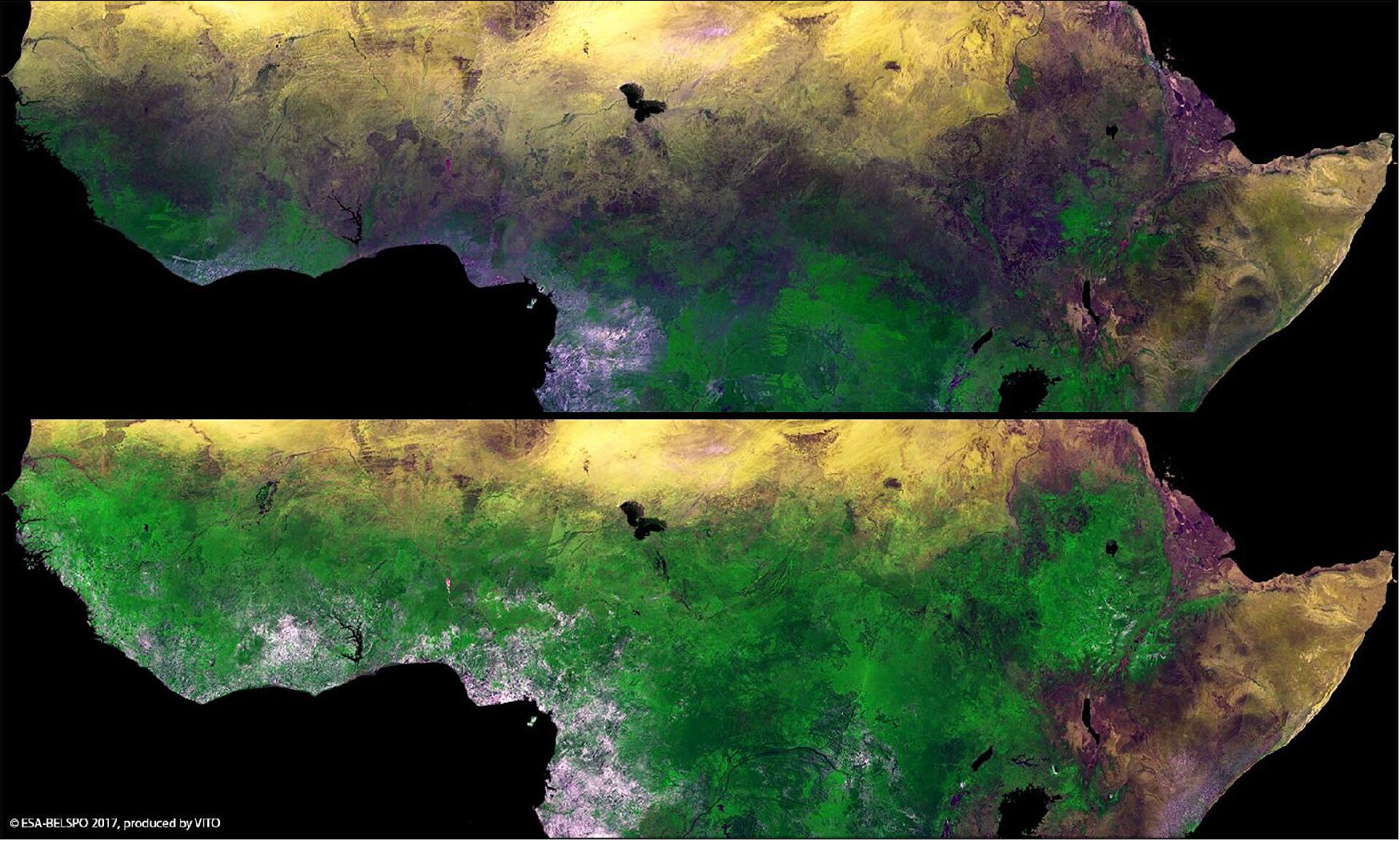 Figure 19: ESA's PROBA-V minisatellite reveals the seasonal changes in Africa's sub-Saharan Sahel, with the rainy season allowing vegetation to blossom between February (top) and September (bottom). The semi-arid Sahel stretches more than 5000 km across Africa, from the Atlantic Ocean (Senegal, Mauritania) to the Red Sea (Sudan). The few months of the rainy season in the Sahel are much needed in these hot and sunny parts of Africa, and are critical for the food security and livelihood of their inhabitants. The name Sahel can be translated from Arabic as coast or shore, considered as the ever-shifting landward ‘coastline' of the arid Sahara Desert (image credit: ESA/Belspo – produced by VITO)