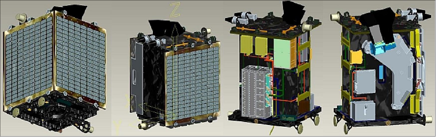 Figure 5: PROBA-V spacecraft accommodation, outer platform views on left, inner platform views on right (image credit: QinetiQ Space)