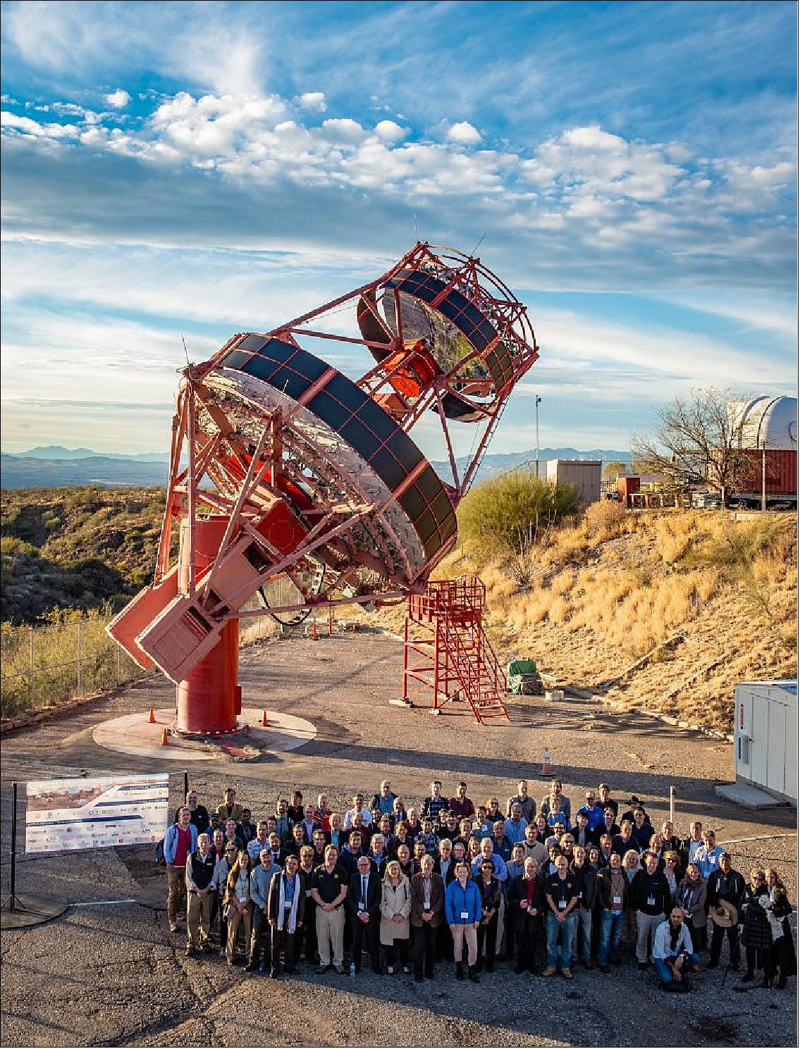 Figure 22: Guests of the pSCT inauguration in January 2019 gather in front of the telescope (image credit: Deivid Ribeiro, Columbia University)
