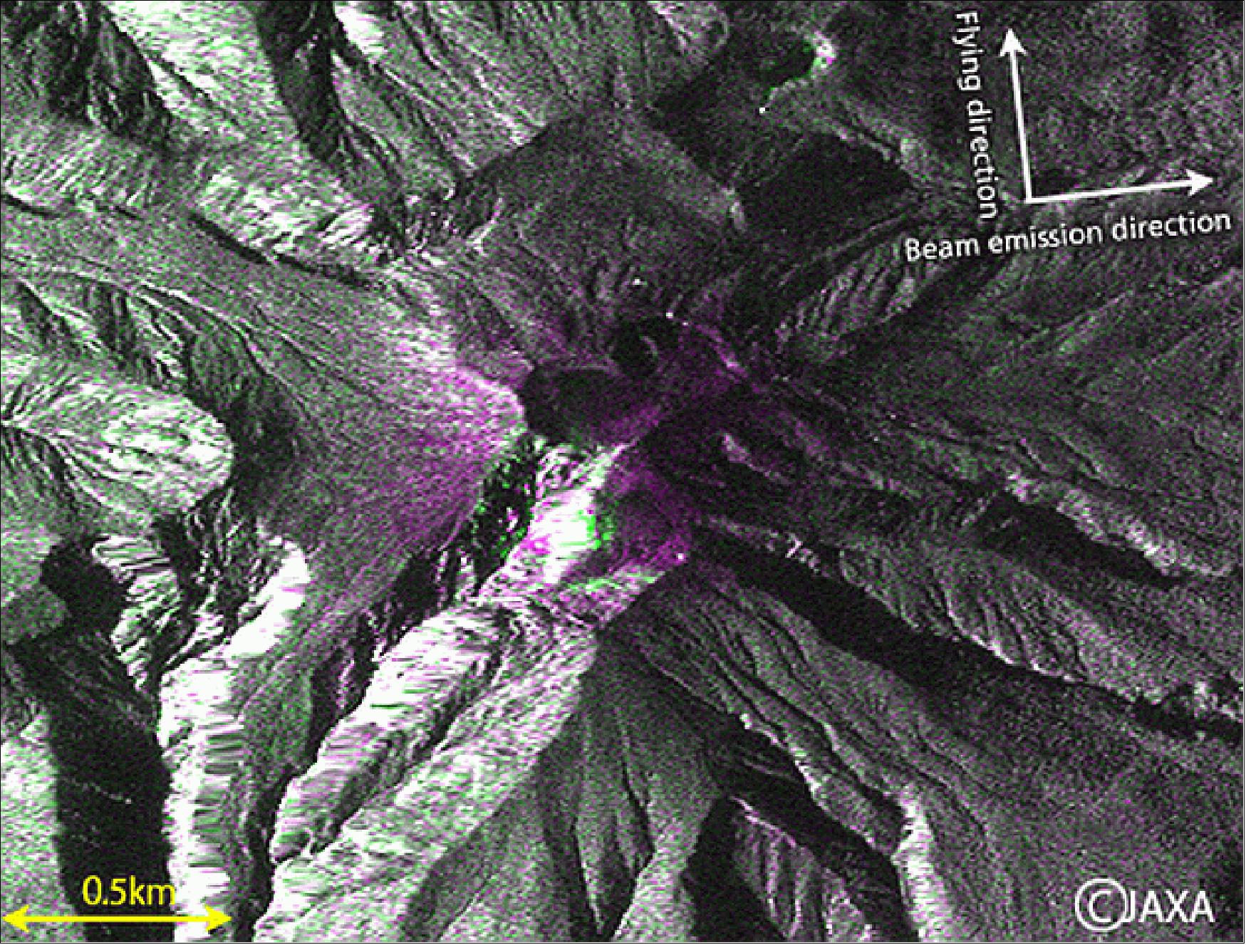 Figure 56: Accumulation of falling ash at Mt. Ontake peak observed by PALSAR-2 (image credit: JAXA)