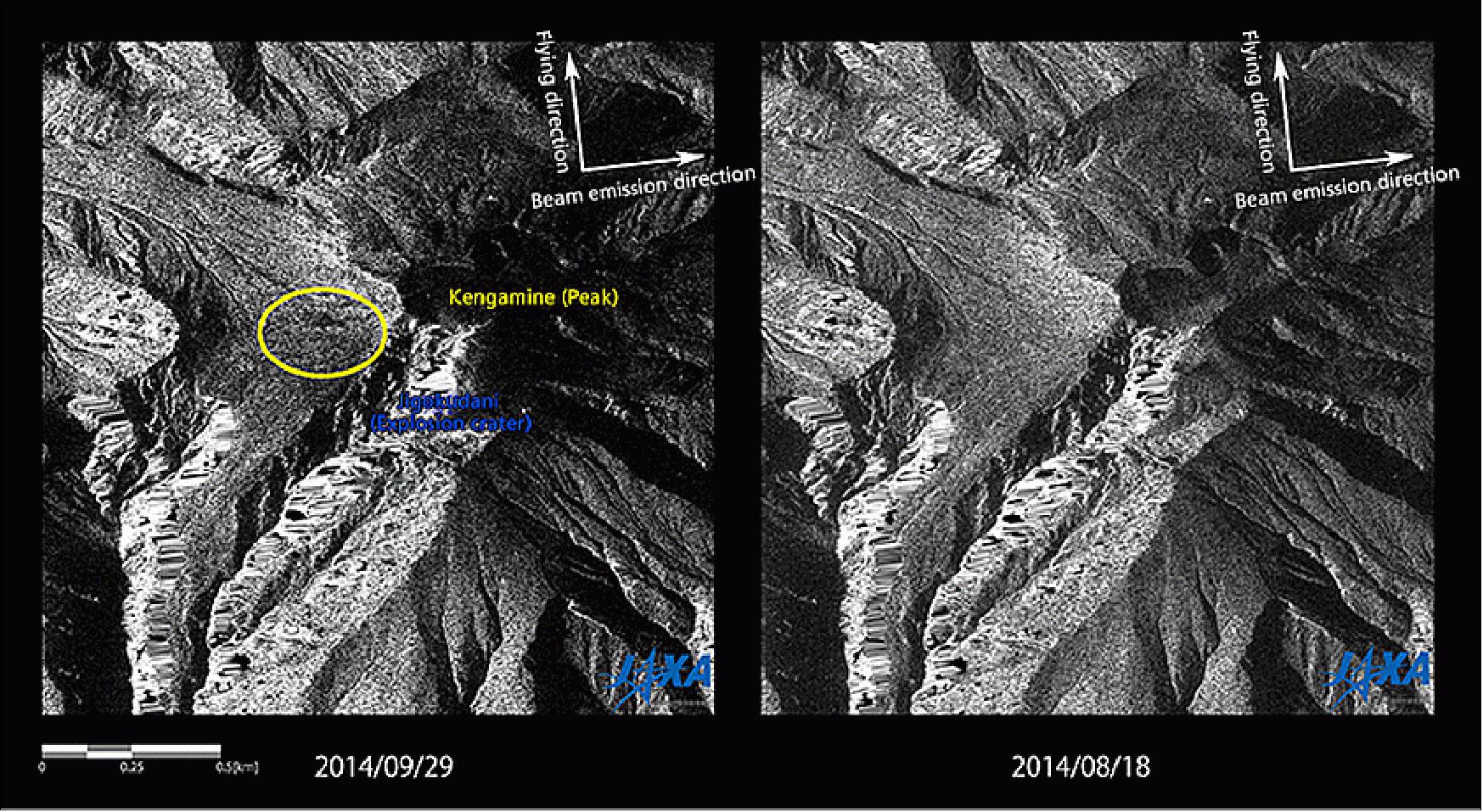 Figure 55: Comparison before and after the eruption near the peak of Mt. Ontake. No depression was found prior to the eruption in the area circled in yellow (image credit: JAXA)