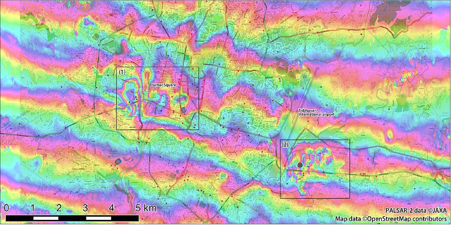 Figure 49: PALSAR-2 interferogram around Kathmandu; local displacements are found in the box (1) and (2), image credit: JAXA