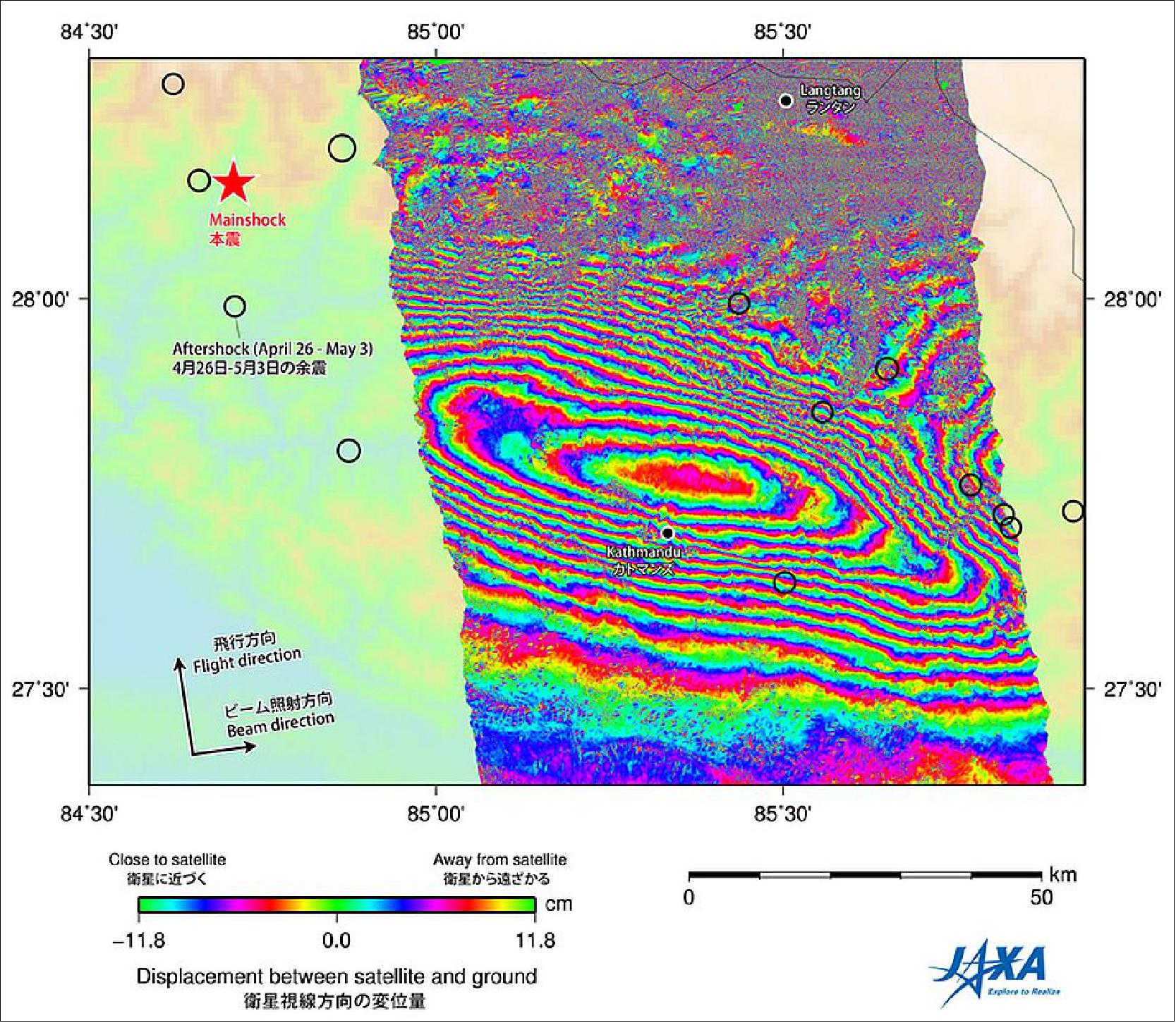 Figure 48: Interferogram obtained by the analysis of the ALOS-2 PALSAR-2 data acquired before (Feb. 21) and after (May 2) the quake (image credit: JAXA)