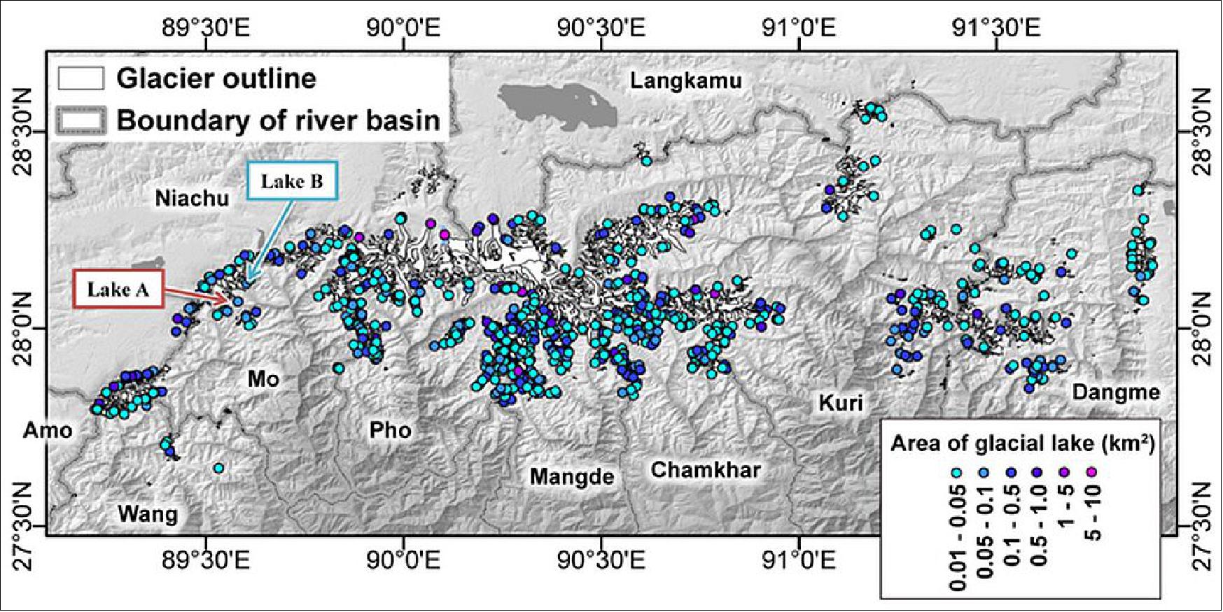 Figure 46: Location of the glacier lakes in the Bhutan Himalaya region (image credit: JAXA/EORC)