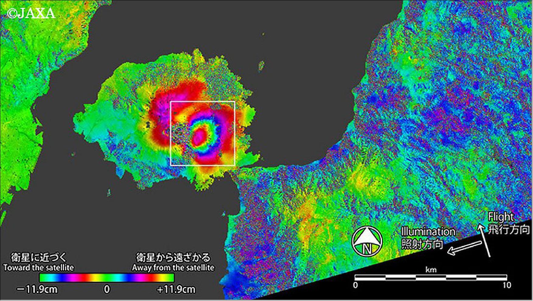 Figure 44: ALOS-2 interferometry map of Sakurajima showing large deformation (inflation) of the summit area (image credit: JAXA)