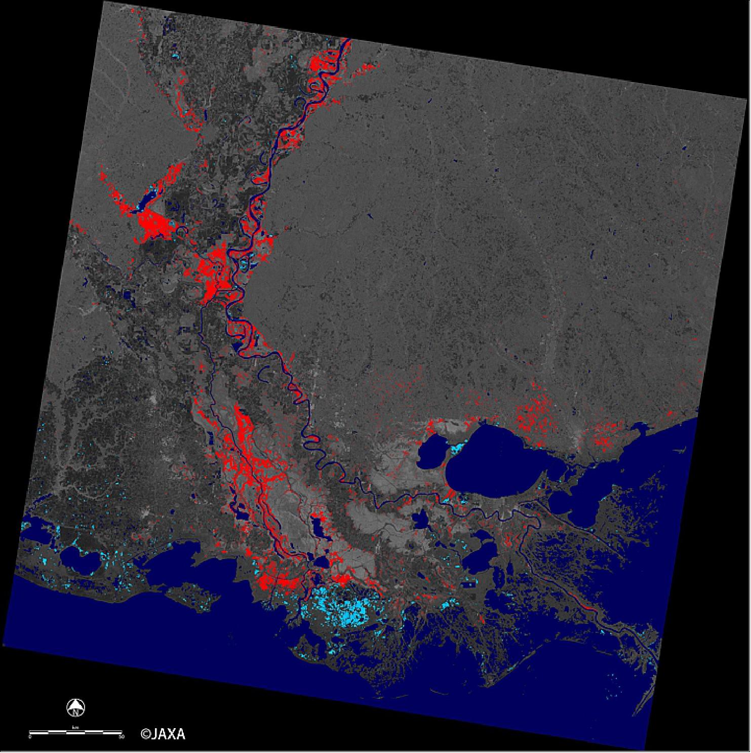 Figure 42: On Jan. 16, 2016, JAXA acquired this estimated inundation map of the Mississippi in the New Orleans region (image credit: JAXA/EORC)