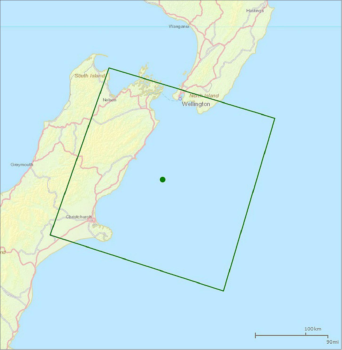 Figure 38: Area of the emergency observation in New Zealand (image credit: JAXA/EORC)