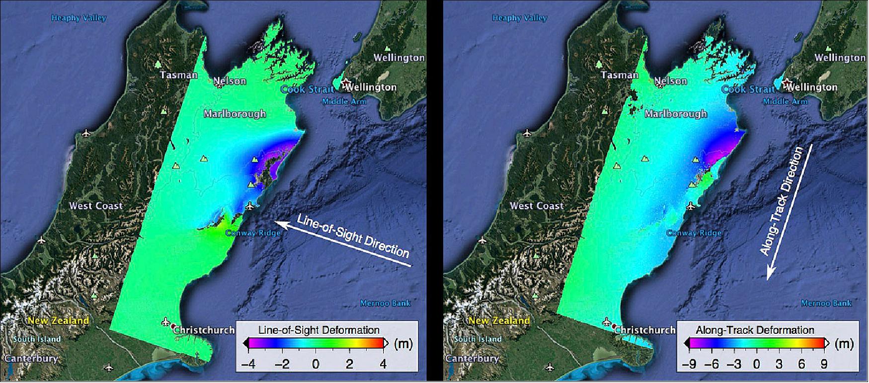 Figure 36: Two ALOS-2 satellite images show ground displacements from the Nov. 2016 Kaikoura earthquake as colors proportional to the surface motion in two directions. The purple areas in the left image moved up and east 4 m; purple areas in the right image moved north up to9 m (image credit: NASA/JPL-Caltech/JAXA)