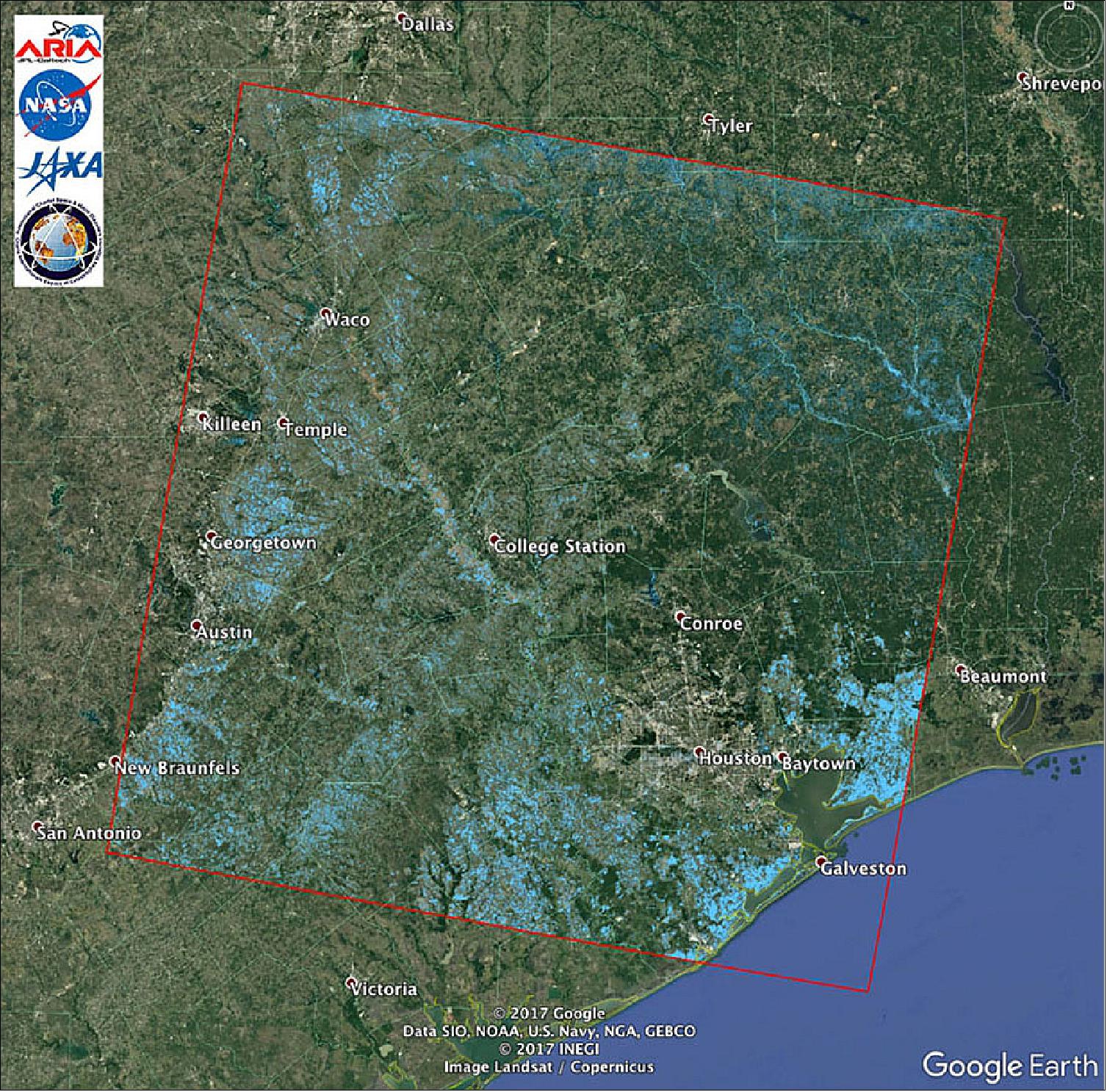 Figure 35: JPL ARIA team created this Flood Proxy Map showing areas of Southeast Texas likely flooded from Hurricane Harvey (light blue). The map is derived from radar images from the JAXA (Japan Aerospace Exploration Agency) ALOS-2 PALSAR-2 satellite before and after landfall (image credit: NASA/JPL-Caltech/JAXA/METI/Google Earth)