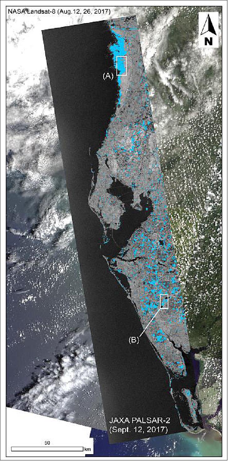 Figure 29: Flood area estimation of the west coast of Florida by PALSAR-2 on September 12, 2017. The areas colored in sky blue are the estimated flood areas (image credit: JAXA)