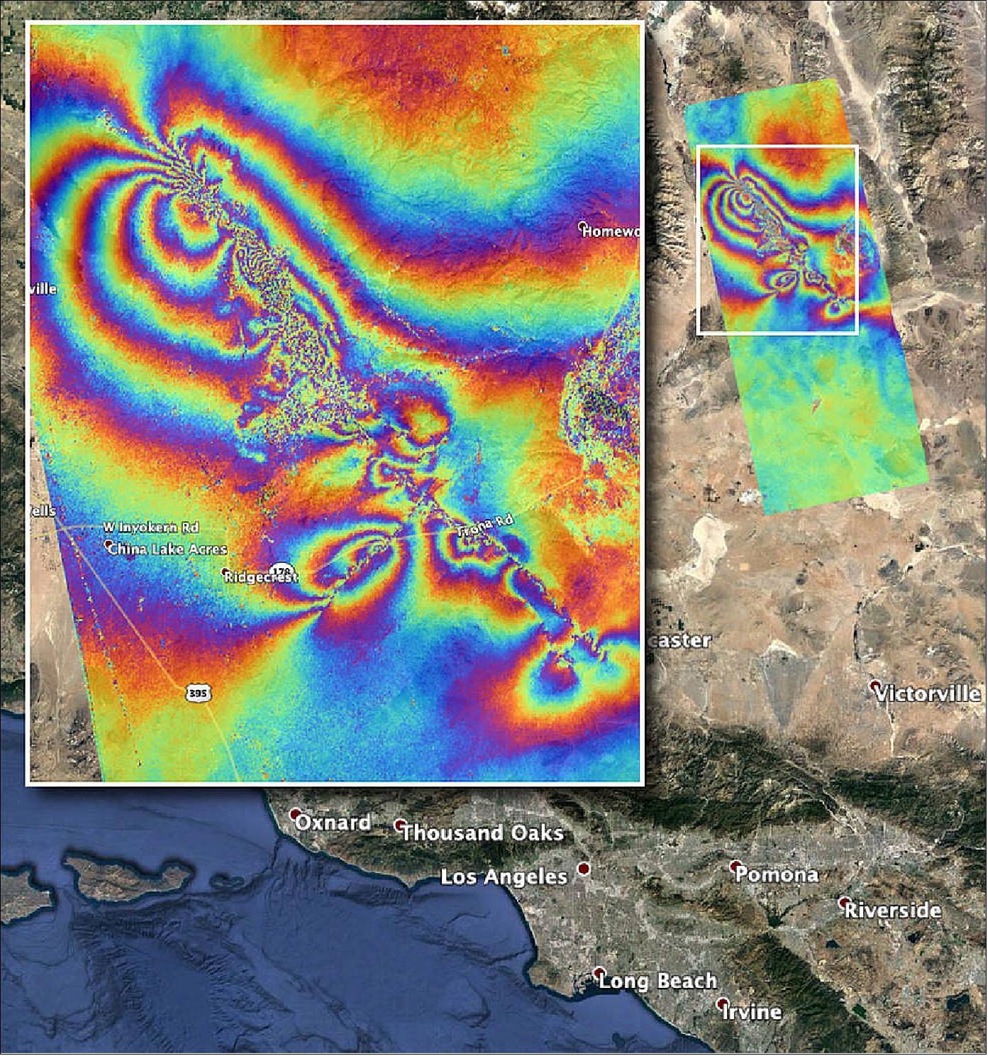 Figure 22: NASA's Advanced Rapid Imaging and Analysis (ARIA) team created this co-seismic Interferometric Synthetic Aperture Radar (InSAR) map, which shows surface displacement caused by the recent major earthquakes in Southern California, including the magnitude 6.4 and the magnitude 7.1 events on July 4 and July 5, 2019, respectively. The interferogram is derived from synthetic aperture radar (SAR) images from the ALOS-2 satellite, operated by JAXA (Japan Aerospace Exploration Agency). The images were taken before (April 16, 2018) and after (July 8, 2019) the sequence of earthquakes. - The image covers an area of 50 x 125 km, and each pixel measures about 90 m across. No filter was applied during the processing. The linear features across which the color fringes break indicate likely locations of surface rupture caused by the earthquakes, and the "noisy" areas may indicate locations where ground surface was disturbed by the earthquakes (image credit: NASA/JPL-Caltech)