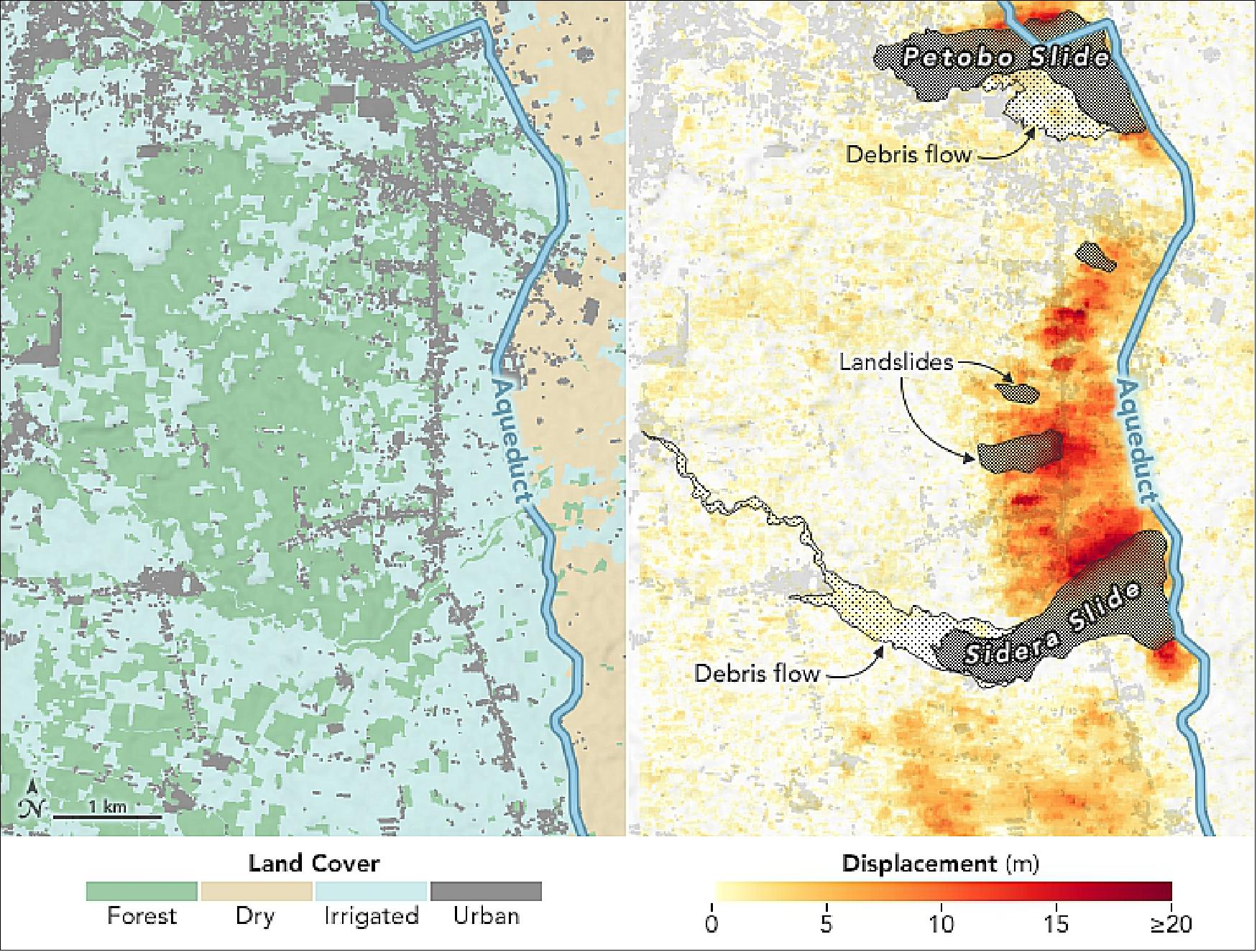 Figure 19: These maps made from data provided by Kyle Bradley of Nanyang Technological University. Provoked by damage maps, Bradley and colleagues gathered land-cover maps plus visible satellite imagery taken by the commercial satellite company Planet just before and after the Palu earthquake in order to determine where and why the land deformed and slid. They used software to calculate horizontal land displacement, particularly in areas around the aqueduct (image credit: Planet and NASA Earth Observatory using data courtesy of Bradley, K. et al. (2019). Story by Michael Carlowicz, with reporting from Esprit Smith and Carol Rasmussen, NASA/JPL and Shireen Federico, Nanyang Technological University)