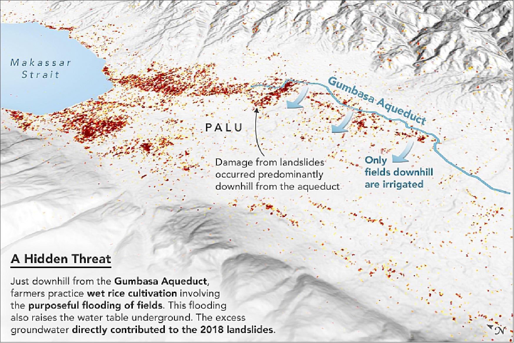 Figure 18: An earthquake in Indonesia made the land flow like mud in a place where science previously said it shouldn't. This image of PALSAR-2 on ALOS-2 is a damage proxy map created by Yun and colleagues at NASA/JPL. They examined satellite radar data collected before and after the quake, mapping changes in the land surface and built structures. Yun’s data has been overlaid on a digital elevation map to show the slope of the landscape (image credit: NASA Earth Observatory, image by Joshua Stevens, using data courtesy of Bradley, K. et al. (2019) and topographic data from the Shuttle Radar Topography Mission (SRTM). Story by Michael Carlowicz, with reporting from Esprit Smith and Carol Rasmussen, NASA Jet Propulsion Laboratory, and Shireen Federico, Nanyang Technological University)