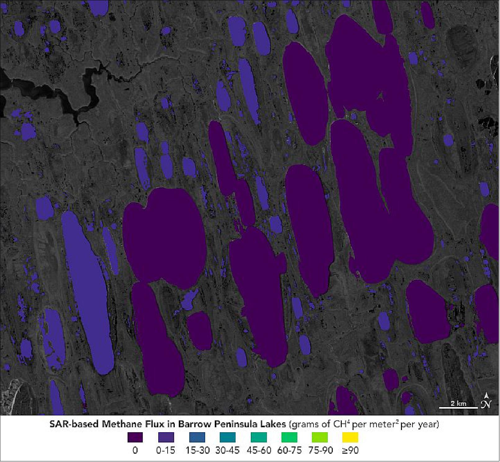 Figure 15: A key reason the small lakes around Fairbanks had such high fluxes is that they are located within yedoma—a type of Pleistocene-aged permafrost rich with organic material that releases significant amounts of methane when thawed. There are also some gravel-filled mining lakes around Fairbanks that have very low methane flux. In more northerly parts of Alaska, such as Barrow Peninsula, lakes tended to be larger, more numerous, and had a lower flux (image credit: NASA Earth Observatory)