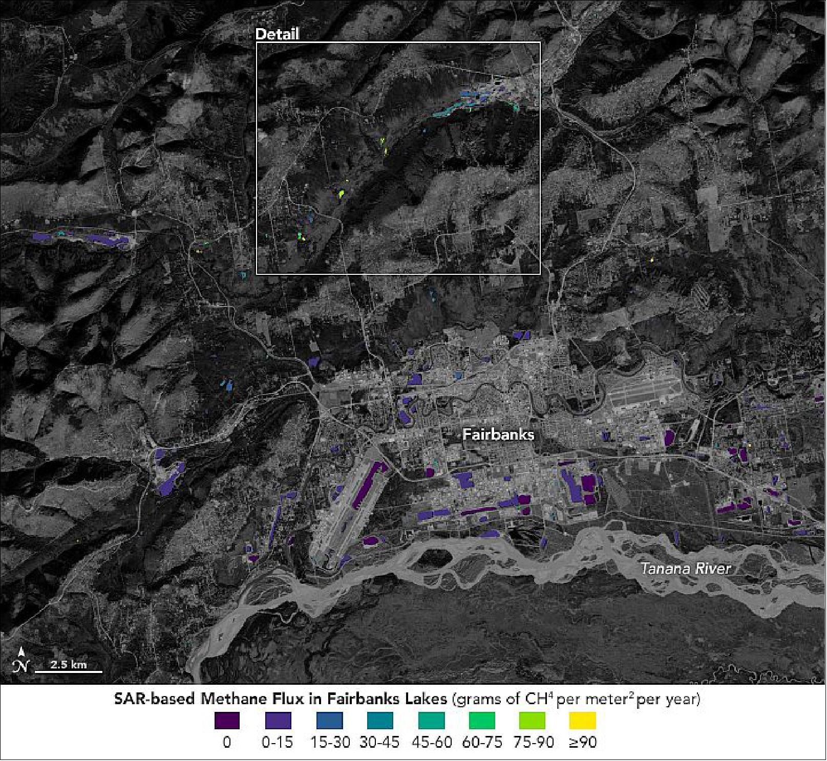 Figure 14: Synthetic Aperture Radar of ALOS-2 is offering scientists a new way to measure how much of the potent greenhouse gas is bubbling up from frozen Arctic lakes. The team found that the smallest lakes tended to have the highest fluxes, but the larger lakes emitted more gas by volume. The map at the top of the page shows methane fluxes for the lakes surrounding Fairbanks—an area that stood out for the range of fluxes in its lakes. Several of the smaller lakes had fluxes that exceeded 90 grams per square meter per year; most of the larger lakes were between 0 and 15 (image credit: NASA Earth Observatory)