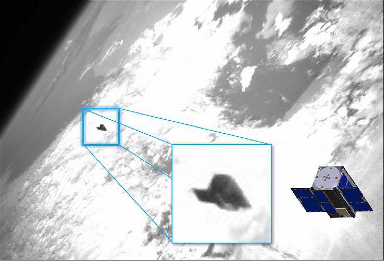 Figure 4: Photo of AeroCube-10A in space taken by AeroCube-10B. AeroCube-10A (which is only 10 x 10 x 15 cm itself) photographed from 26 meters away (image credit: The Aerospace Corporation)