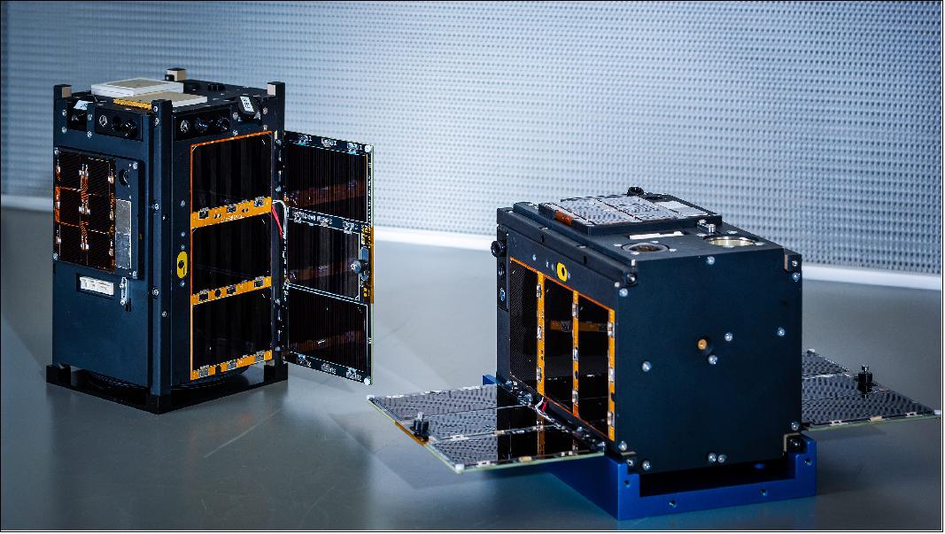 Figure 3: AeroCube-10, a pair of 1.5U CubeSats, was deployed from a 3U NanoRacks deployer aboard a Cygnus cargo spacecraft on 7 August 2019. The two CubeSats are nicknamed “JimSat” and “DougSat” after retired Aerospace Principal Director Jim Gee, and current Principal Director Doug Holker, respectively (image credit: Aerospace Corporation)
