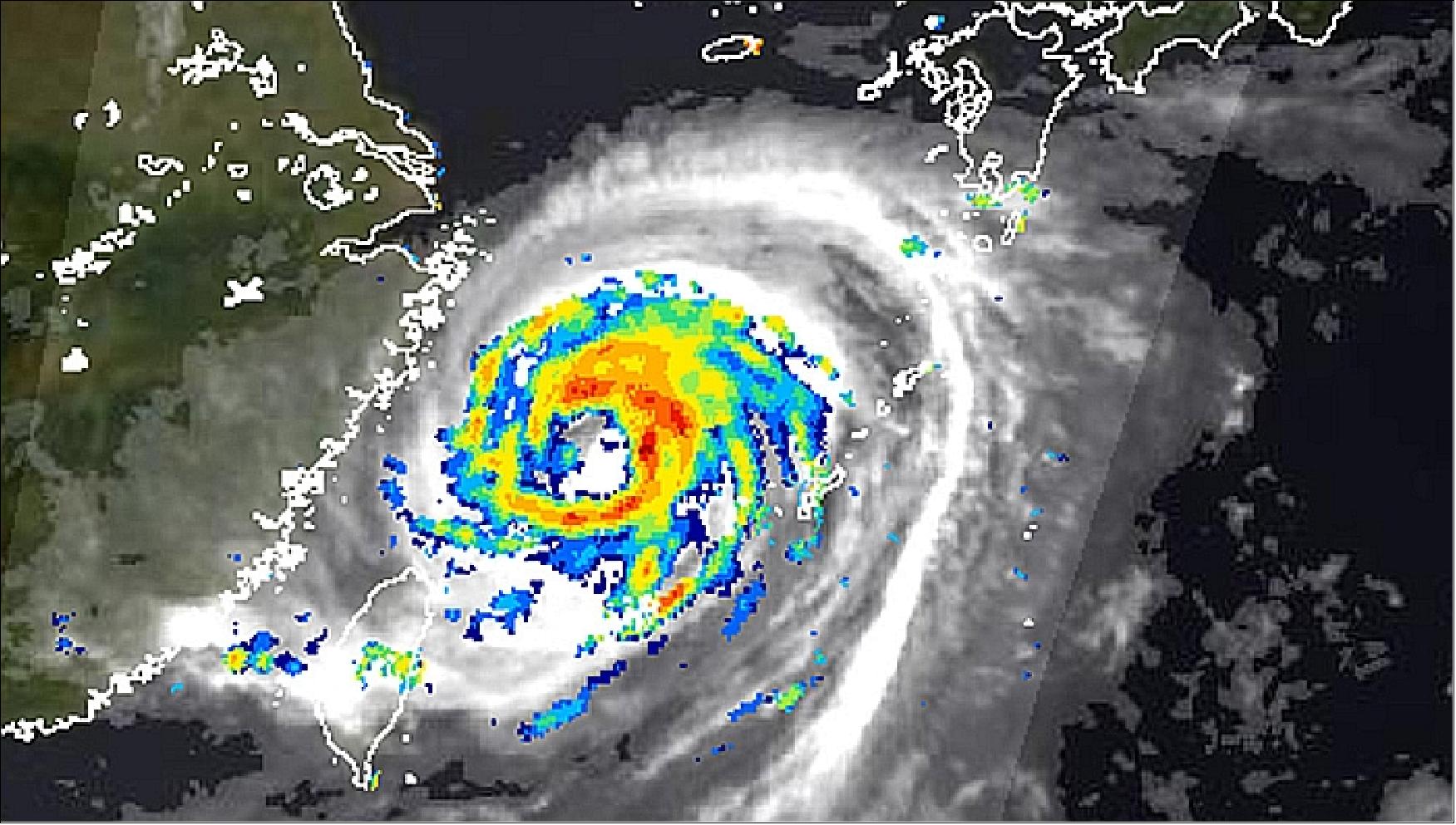 Figure 20: Rainfall image of the Typhoon No.11 (Haikui) approaching the east coast of China, observed by Shizuku on August 7, 2012 (image credit: JAXA) 59)