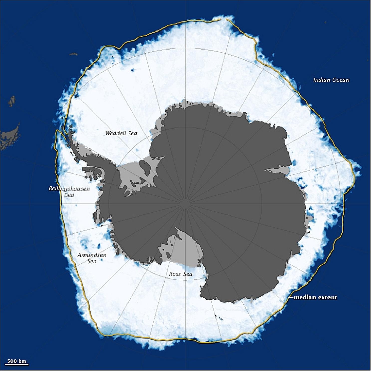 Figure 18: Antarctica’s sea ice on Sept. 22, 2013 observed by the AMSR2 instrument on JAXA's GCOM-W1 spacecraft (image credit: NASA, JAXA)
