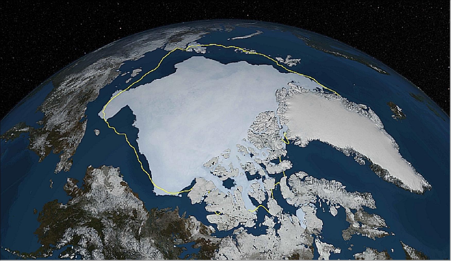 Figure 17: This image shows the extent of Arctic sea ice on September 12, 2013, the day before NSIDC estimated sea ice extent hit its annual minimum (image credit: NASA) 48)