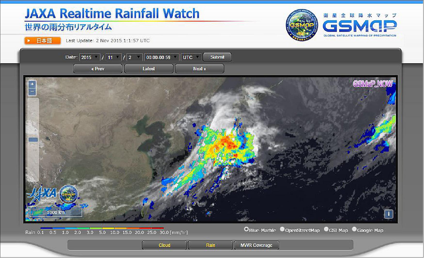Figure 15: Example image of the web site "JAXA Realtime Rainfall Watch" (image credit: JAXA/EORC)