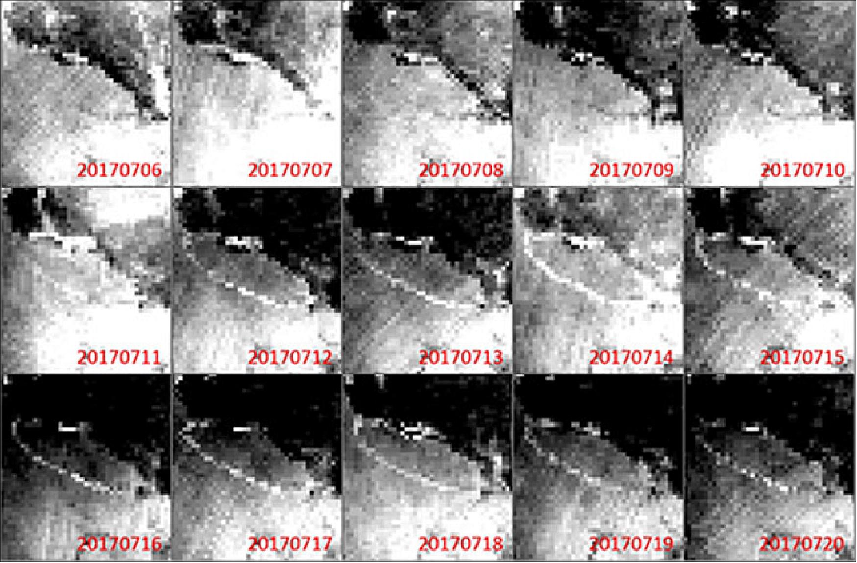 Figure 12: AMSR-2 observation sequence of the Larsen-C iceberg in the period July 6 to 20, 2017 (image credit: JAXA)