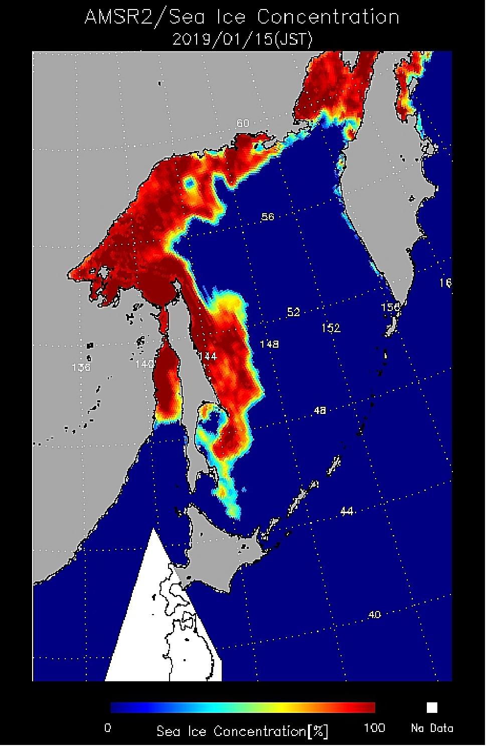 Figure 9: Sea ice distribution of the Okhotsk sea by GCOM-W/AMSR-2 (image credit: JAXA/EORC) 32)