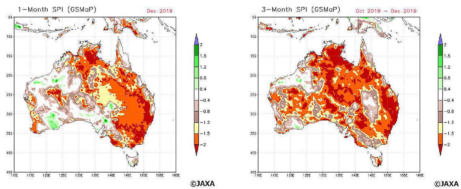 Figure 8: Left: Standardized Precipitation Index (SPI) in Australia calculated by GSMaP precipitation amount in a month (December 2019); Right: SPI calculated by GSMaP precipitation amount in three months (October-December 2019) in a same way. The relations between SPI value, the range of drought and frequency of phenomenon were classified by WMO (2012). In case SPI value becomes "-1.5 to -1.99", it indicates the situation of "Severe dryness" which happens "once in 20 years". In case SPI value becomes less than -2.0, it corresponds "Extreme dryness" which happens "once in 50 years". These conditions show the possibility of severe drought occurrence which leads to a big social impact (image credit: JAXA/EORC)