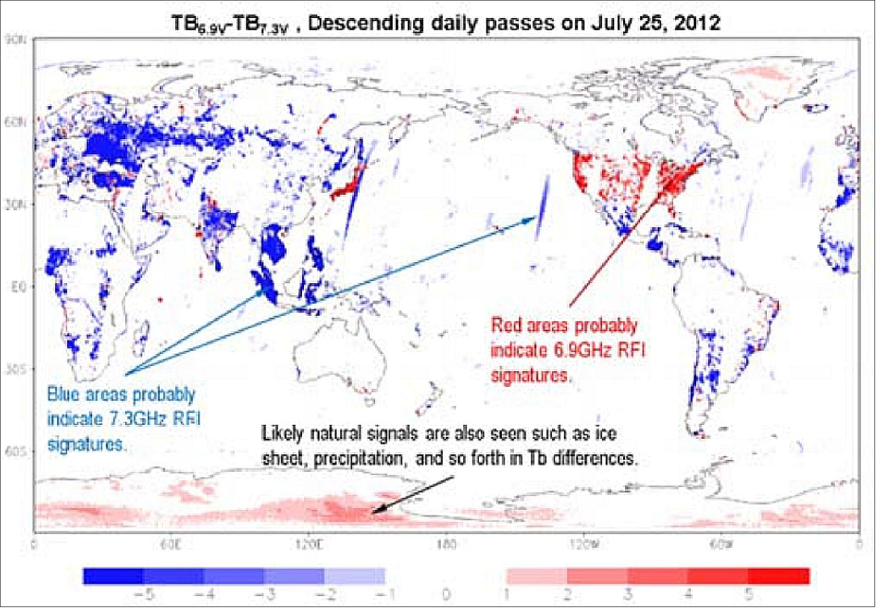 Figure 32: Spatial distribution of AMSR2 Tb difference between 6.925 and 7.3 GHz channels of descending passes on July 25, 2012 (image credit: JAXA)