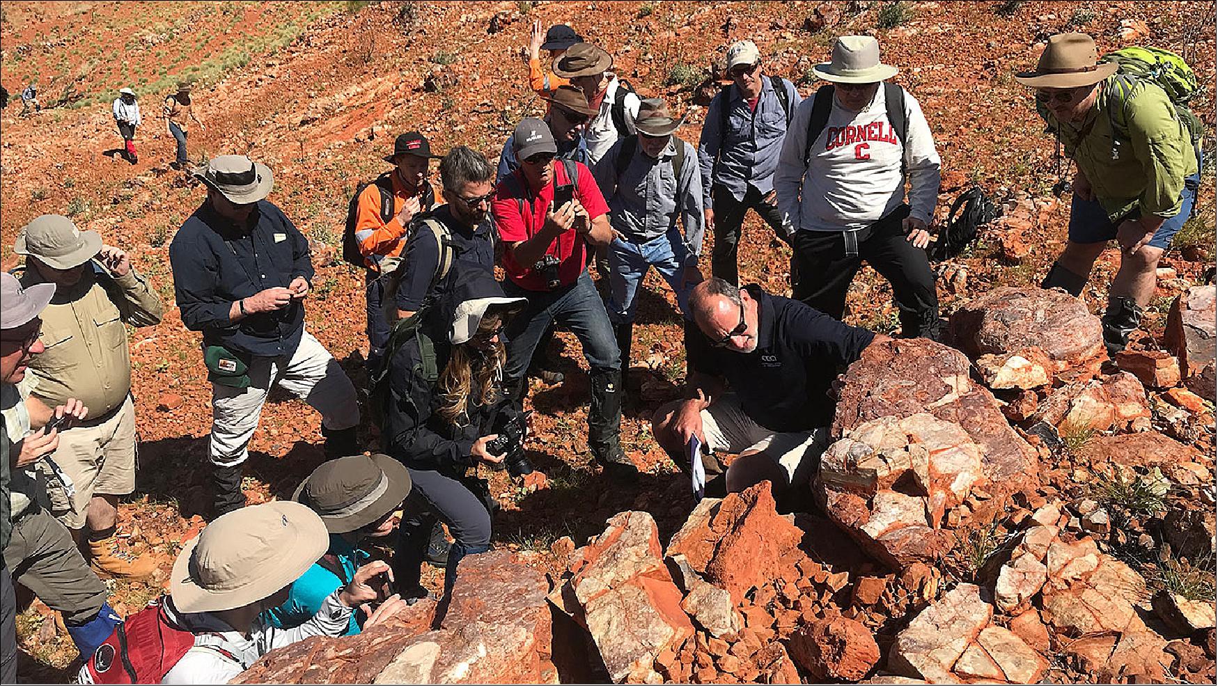 Figure 10: Scientists from NASA's Mars 2020 and ESA's ExoMars 2020 projects study stromatolites, the oldest confirmed fossilized lifeforms on Earth, in the Pilbara region of North West Australia. The image was taken on Aug. 19, 2019 (image credit: NASA/JPL-Caltech)