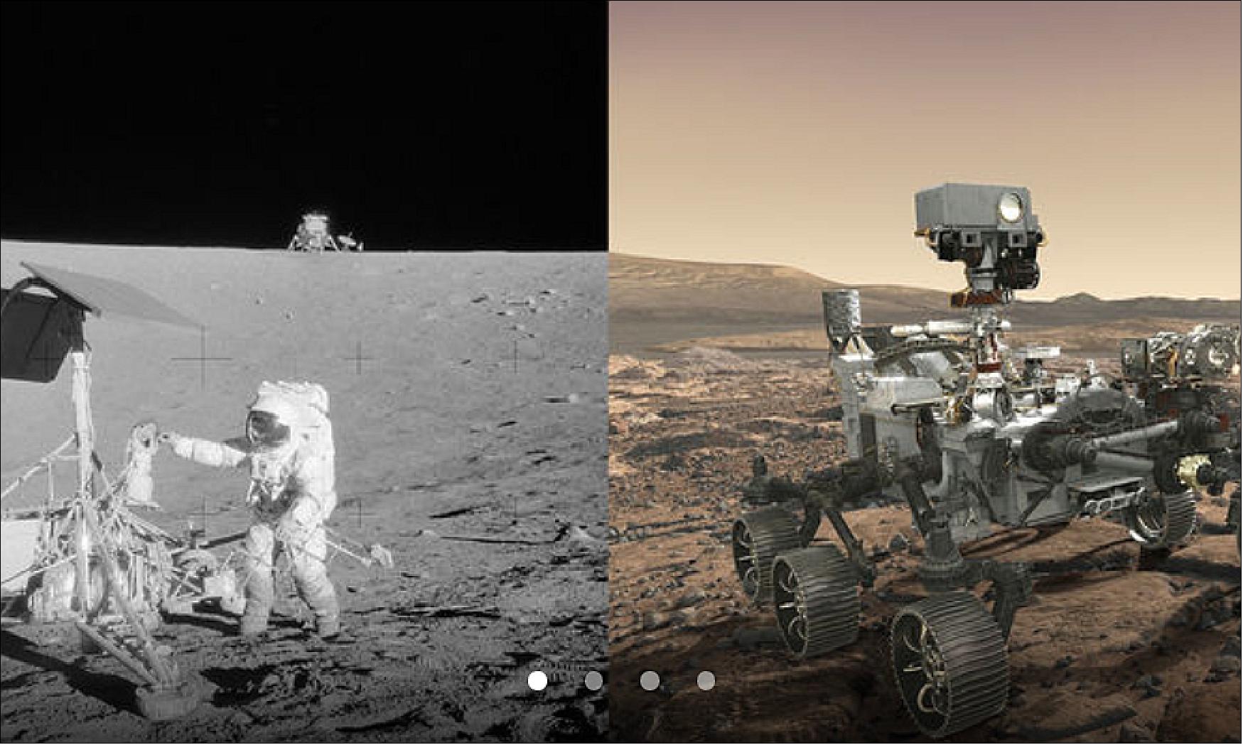 Figure 8: Left: Apollo 12 astronaut Charles "Pete" Conrad Jr. stands beside NASA's Surveyor 3 spacecraft; the lunar module Intrepid can be seen in the distance. Apollo 12 landed on the Moon's Ocean of Storms on Nov. 20, 1969. Right: Mars 2020 rover, seen here in an artist's concept, will make history's most accurate landing on a planetary body when it lands at Mars' Jezero Crater on Feb. 18, 2021 (image credit: NASA/JPL-Caltech)