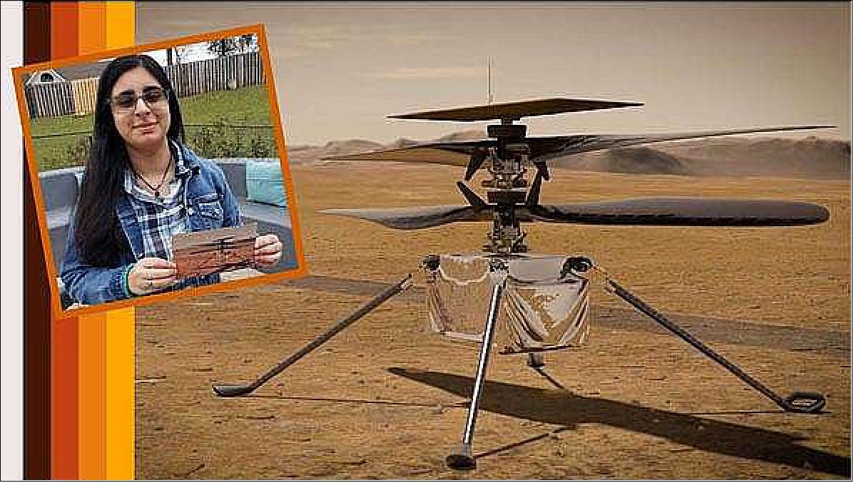 Figure 4: Vaneeza Rupani (inset), a junior at Tuscaloosa County High School in Northport, Alabama, came up with the name Ingenuity for NASA's Mars Helicopter (an artist's impression of which is seen here) and the motivation behind it during NASA's "Name the Rover" essay contest (image credit: NASA/JPL)